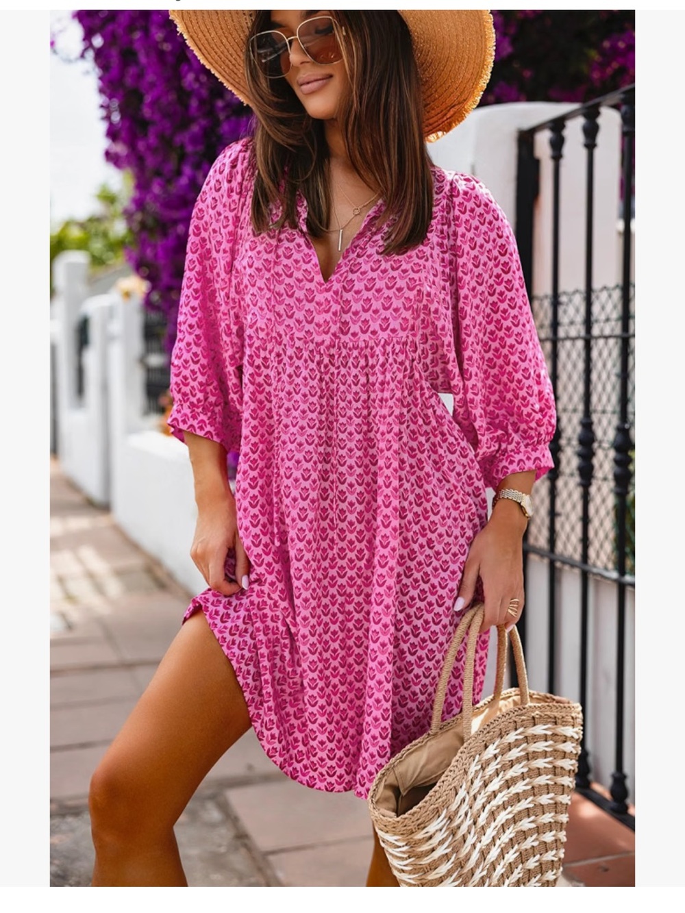 Amazon Pink Printed Mini Dress with V-Neck
